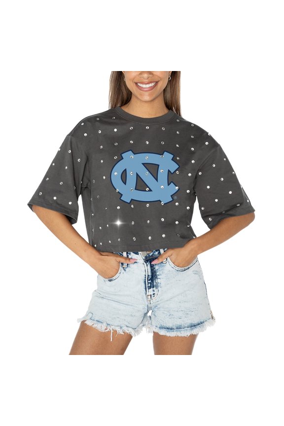 Women's Gameday Couture Gray North Carolina Tar Heels Go Time Rhinestone Crop T-Shirt