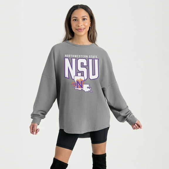 Women's Gameday Couture Gray Northwestern State Demons Oversized Pure Motion Corded Sweatshirt