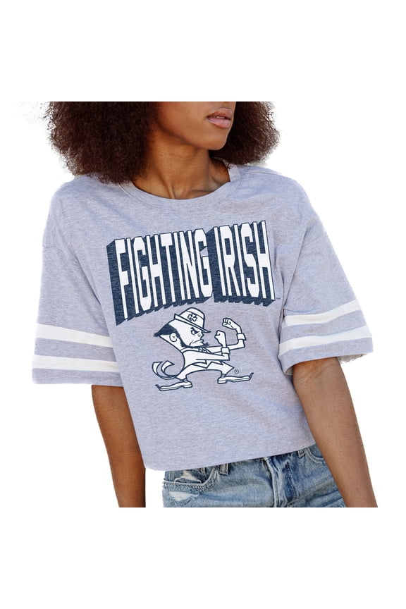 Women's Gameday Couture Gray Notre Dame Fighting Irish No Shortcuts Drop Shoulder Sleeve Stripe Cropped T-Shirt