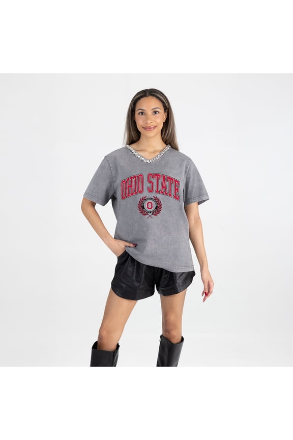 Women's Gameday Couture Gray Ohio State Buckeyes Iconic Edge Rhinestone V-Neck T-Shirt