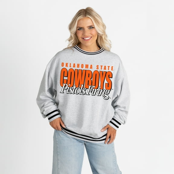 Women's Gameday Couture Gray Oklahoma State Cowboys Oversized Showdown Ringer Stripe Sweatshirt