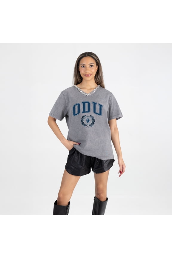 Women's Gameday Couture Gray Old Dominion Monarchs Iconic Edge Rhinestone V-Neck T-Shirt