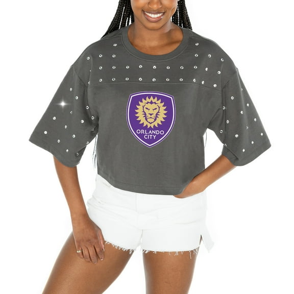 Women's Gameday Couture  Gray Orlando City SC Making Moves Rhinestone Cropped Oversized Half Sleeve-T-Shirt