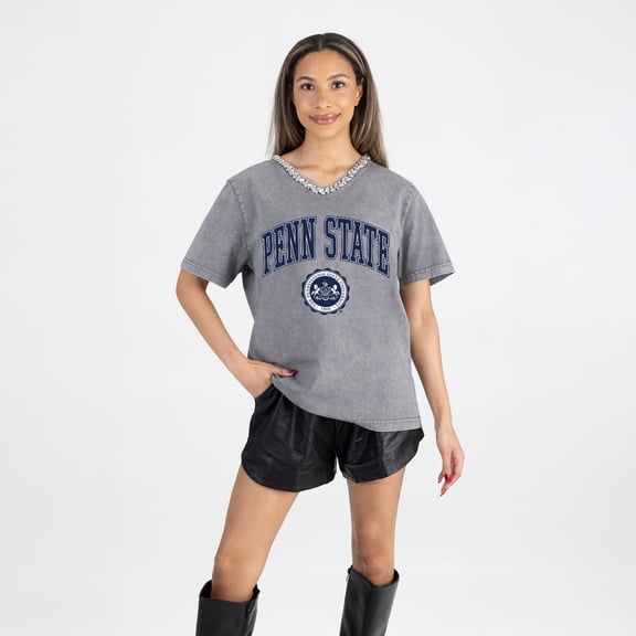 Women's Gameday Couture Gray Penn State Nittany Lions Iconic Edge Rhinestone V-Neck T-Shirt