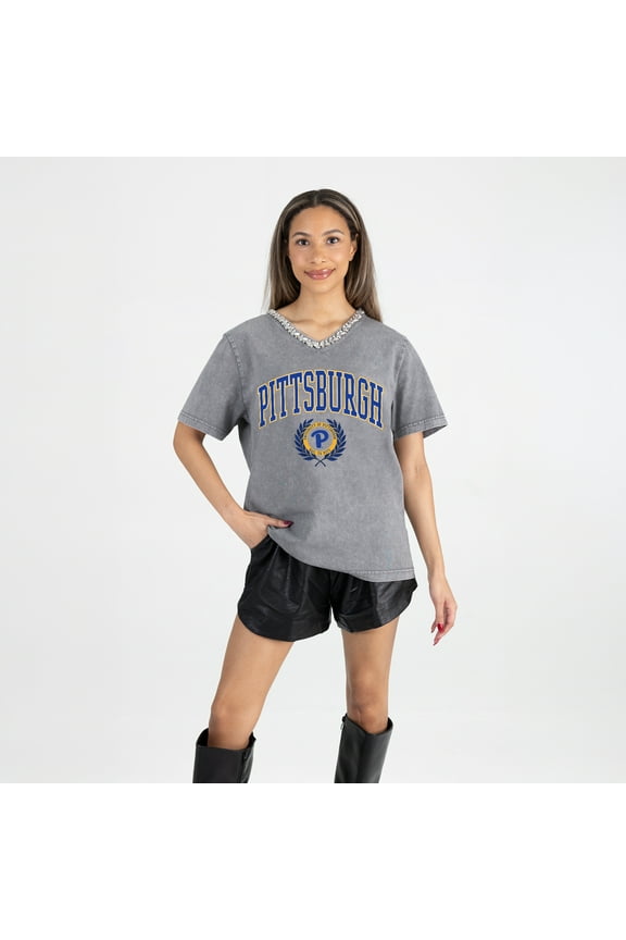 Women's Gameday Couture Gray Pitt Panthers Iconic Edge Rhinestone V-Neck T-Shirt
