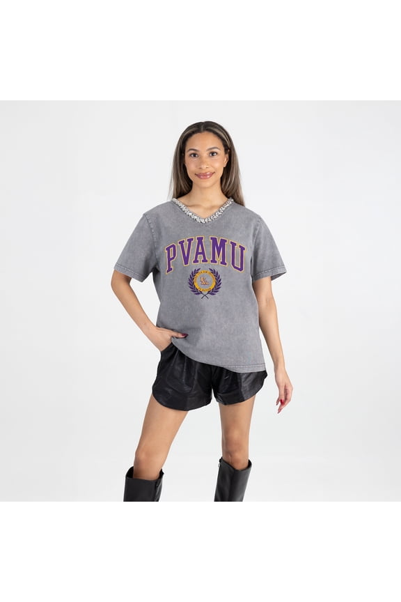 Women's Gameday Couture Gray Prairie View A&M Panthers Iconic Edge Rhinestone V-Neck T-Shirt