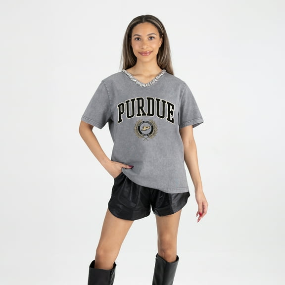 Women's Gameday Couture Gray Purdue Boilermakers Iconic Edge Rhinestone V-Neck T-Shirt
