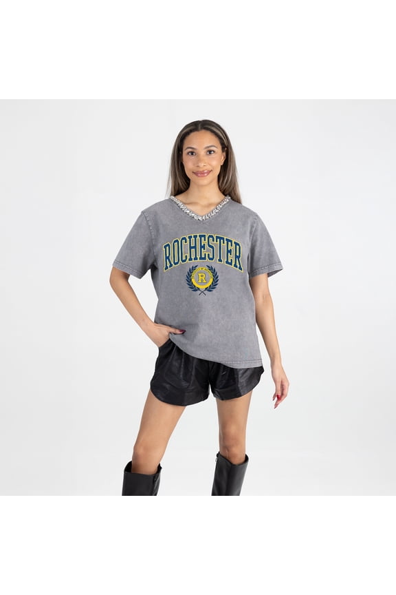 Women's Gameday Couture Gray Rochester Yellow Jackets Iconic Edge Rhinestone V-Neck T-Shirt