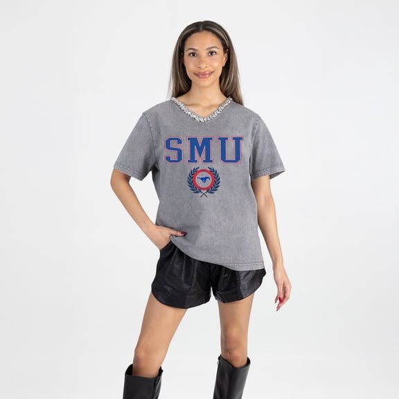 Women's Gameday Couture Gray SMU Mustangs Iconic Edge Rhinestone V-Neck T-Shirt