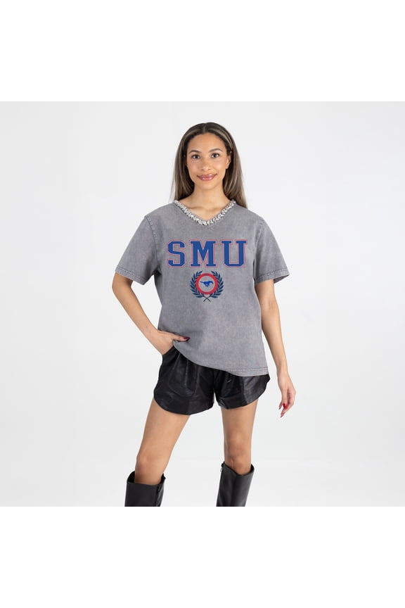 Women's Gameday Couture Gray SMU Mustangs Iconic Edge Rhinestone V-Neck T-Shirt