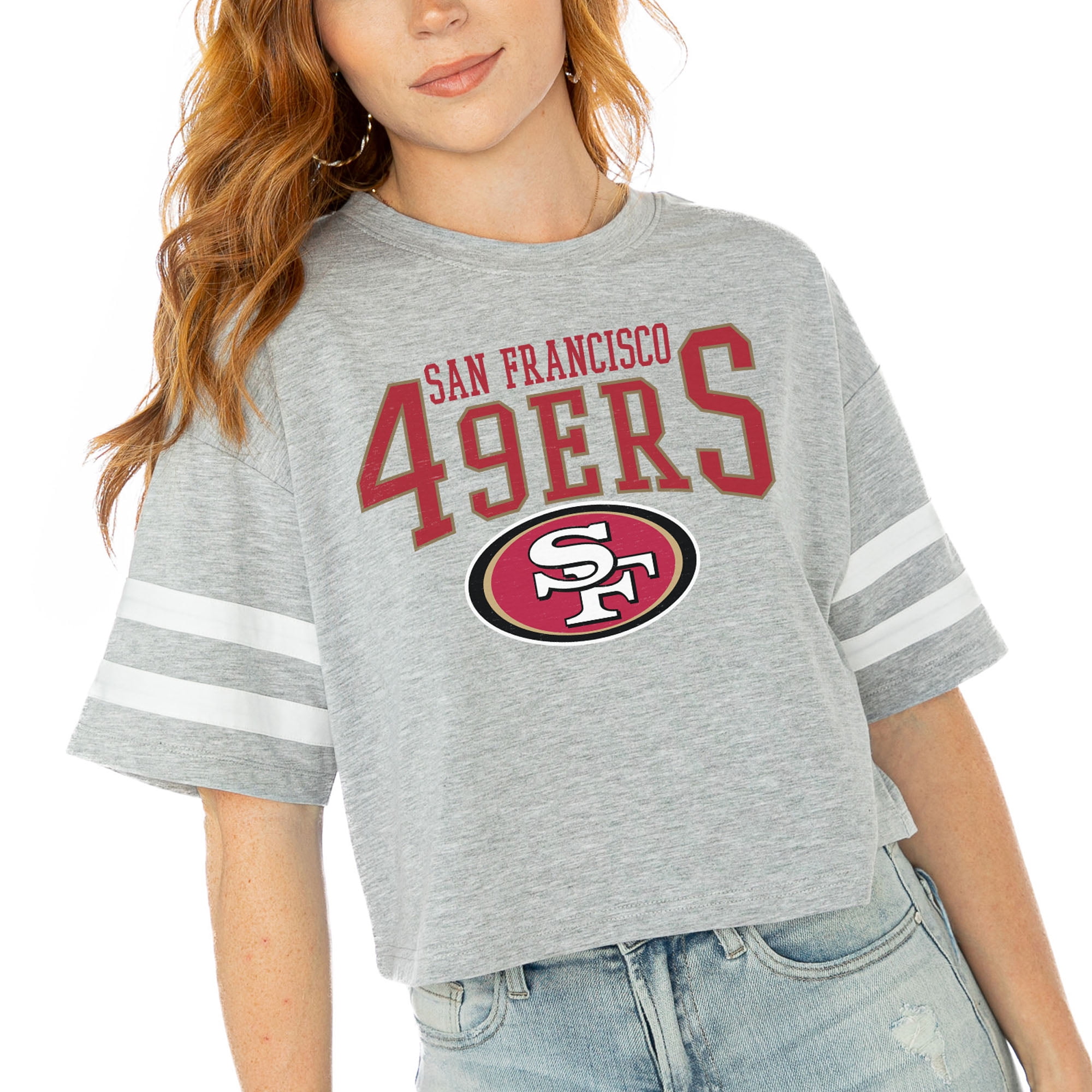 Women's Gameday Couture Gray San Francisco 49ers Gridiron Glam Cropped T- Shirt 