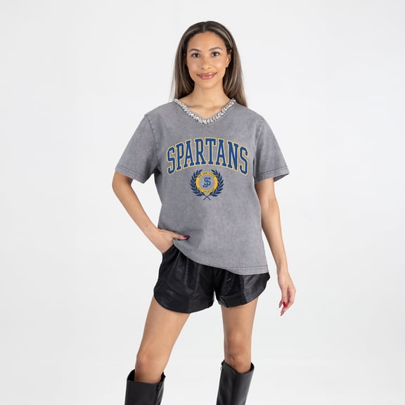 Women's Gameday Couture Gray San Jose State Spartans Iconic Edge Rhinestone V-Neck T-Shirt