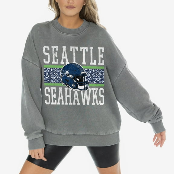 Women's-Gameday Couture Gray Seattle Seahawks Vintage Wash Oversized Crewneck Fleece Pullover
