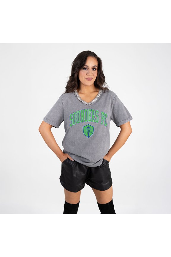 Women's Gameday Couture  Gray Seattle Sounders FC Relaxed Iconic Edge Rhinestone V-Neck T-Shirt