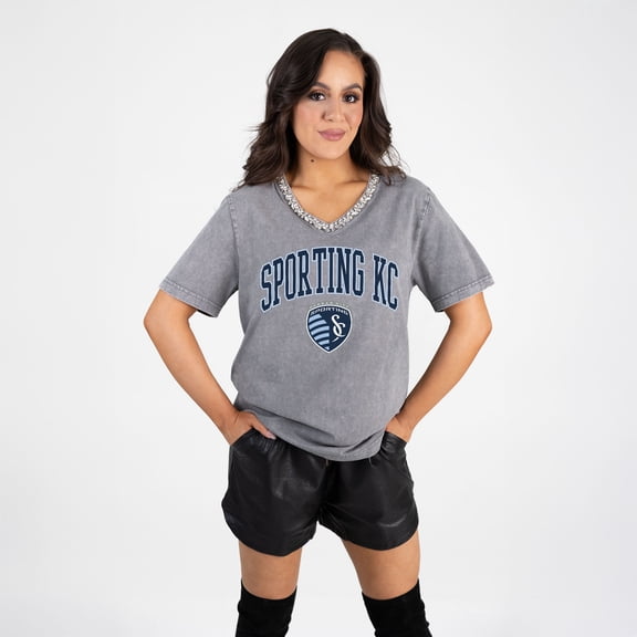 Women's Gameday Couture  Gray Sporting Kansas City Relaxed Iconic Edge Rhinestone V-Neck T-Shirt