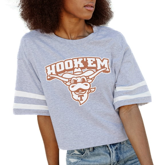 Women's Gameday Couture Gray Texas Longhorns No Shortcuts Drop Shoulder Sleeve Stripe Cropped T-Shirt