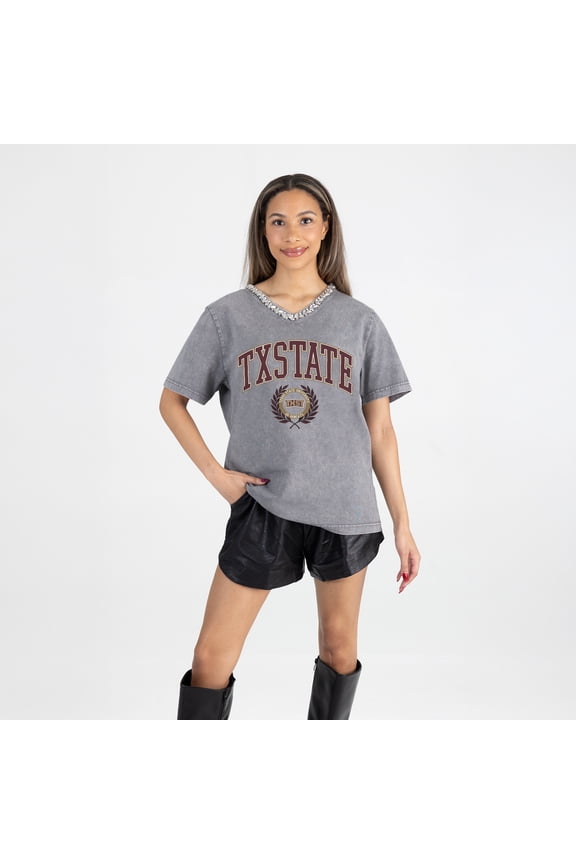 Women's Gameday Couture Gray Texas State Bobcats Iconic Edge Rhinestone V-Neck T-Shirt