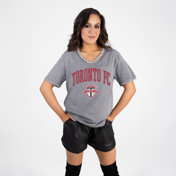 Women's Gameday Couture  Gray Toronto FC Relaxed Iconic Edge Rhinestone V-Neck T-Shirt