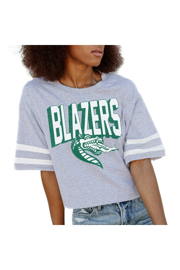 Women's Gameday Couture Gray UAB Blazers No Shortcuts Drop Shoulder Sleeve Stripe Cropped T-Shirt