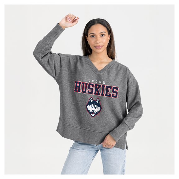 Women's Gameday Couture Gray UConn Huskies French Terry V-Neck Pullover Sweatshirt
