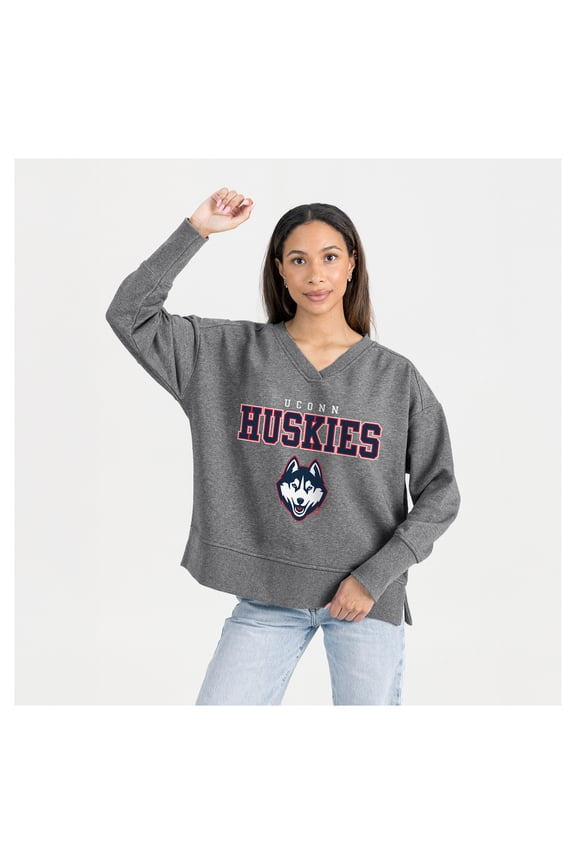 Women's Gameday Couture Gray UConn Huskies French Terry V-Neck Pullover Sweatshirt