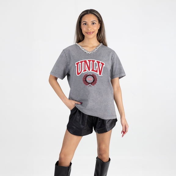 Women's Gameday Couture Gray UNLV Rebels Iconic Edge Rhinestone V-Neck T-Shirt