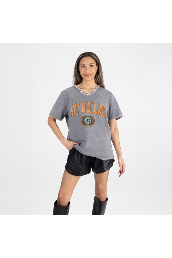 Women's Gameday Couture Gray UT Dallas Iconic Edge Rhinestone V-Neck T-Shirt