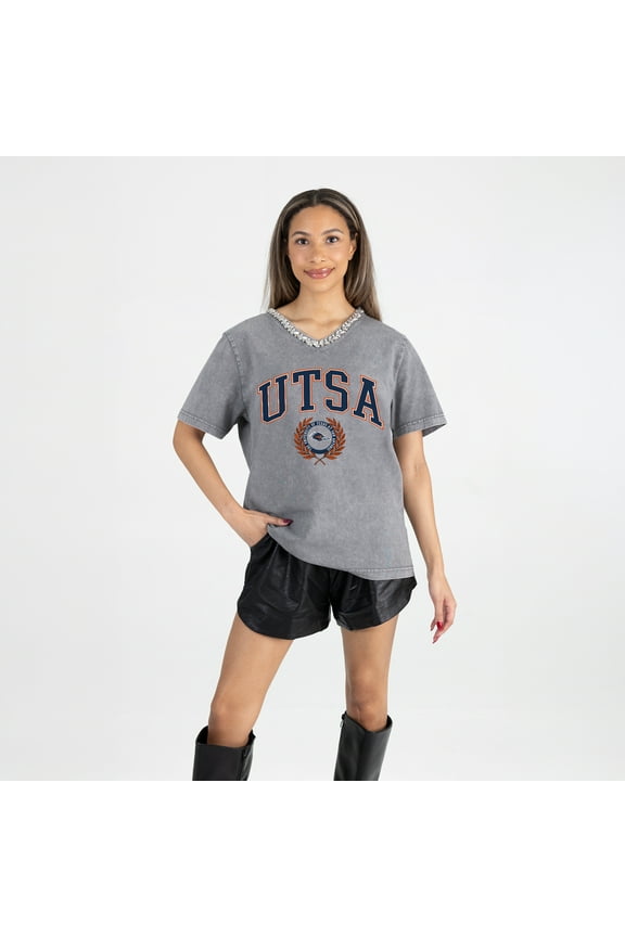 Women's Gameday Couture Gray UTSA Roadrunners Iconic Edge Rhinestone V-Neck T-Shirt