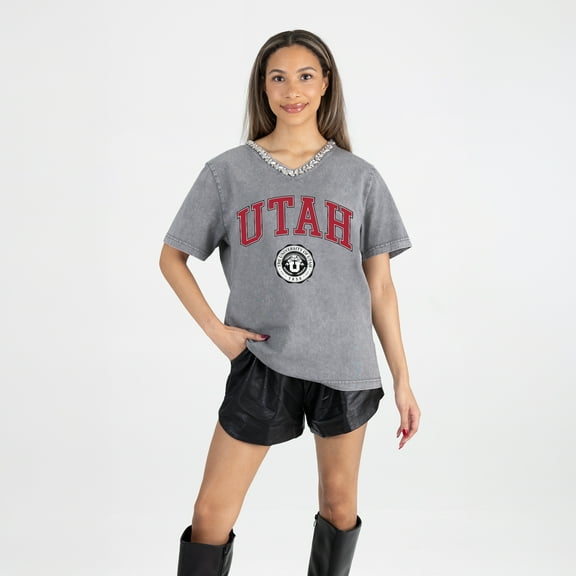 Women's Gameday Couture Gray Utah Utes Iconic Edge Rhinestone V-Neck T-Shirt