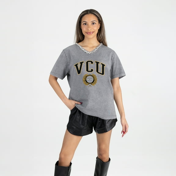 Women's Gameday Couture Gray VCU Rams Iconic Edge Rhinestone V-Neck T-Shirt