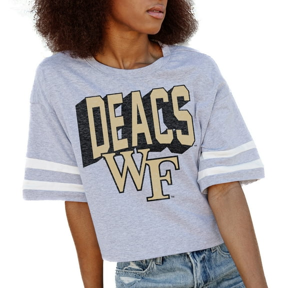 Women's Gameday Couture Gray Wake Forest Demon Deacons No Shortcuts Drop Shoulder Sleeve Stripe Cropped T-Shirt