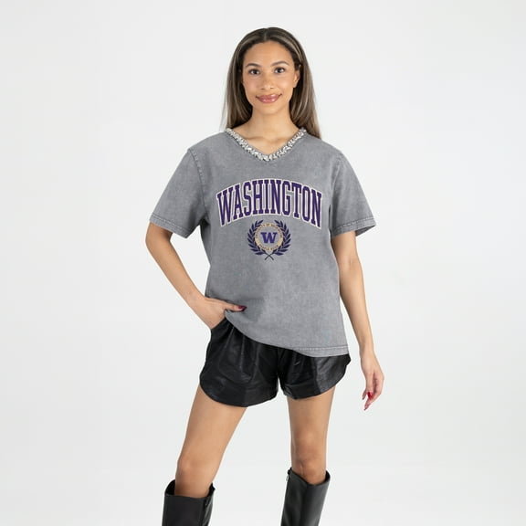 Women's Gameday Couture Gray Washington Huskies Iconic Edge Rhinestone V-Neck T-Shirt