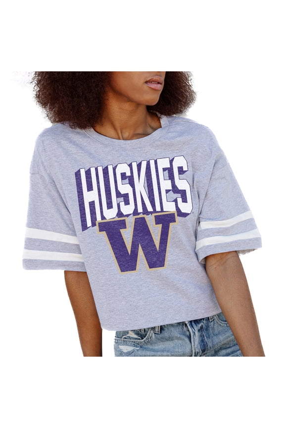 Women's Gameday Couture Gray Washington Huskies No Shortcuts Drop Shoulder Sleeve Stripe Cropped T-Shirt