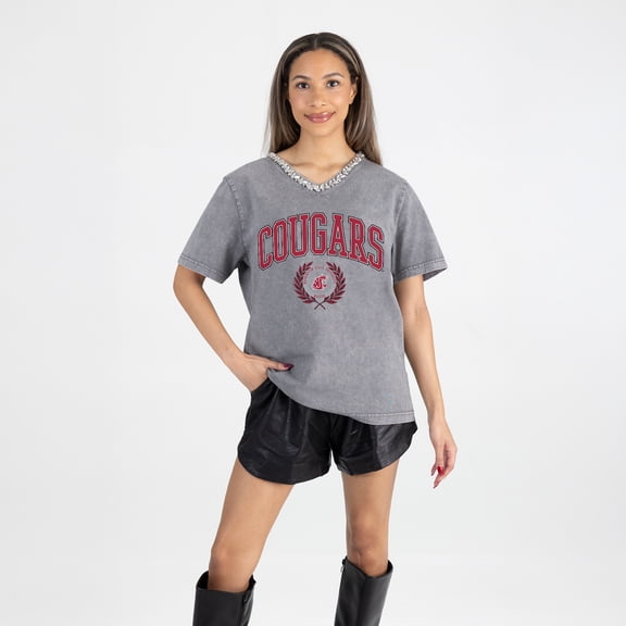 Women's Gameday Couture Gray Washington State Cougars Iconic Edge Rhinestone V-Neck T-Shirt