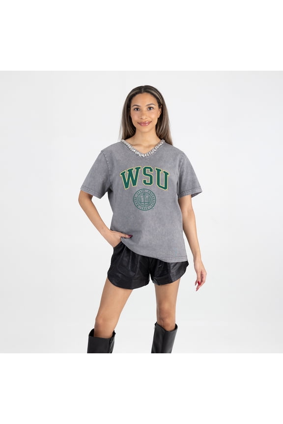 Women's Gameday Couture Gray Wayne State Warriors Iconic Edge Rhinestone V-Neck T-Shirt