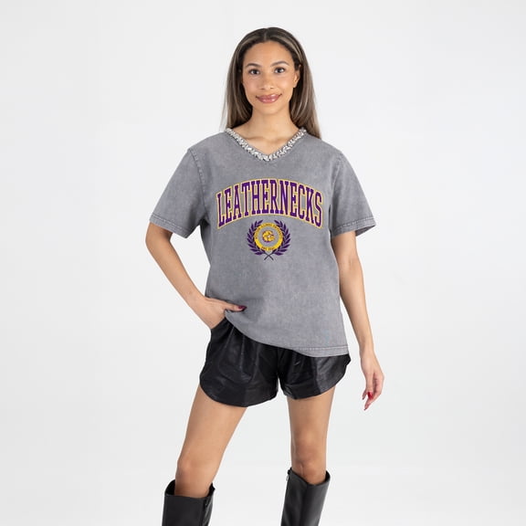 Women's Gameday Couture Gray Western Illinois Leathernecks Iconic Edge Rhinestone V-Neck T-Shirt