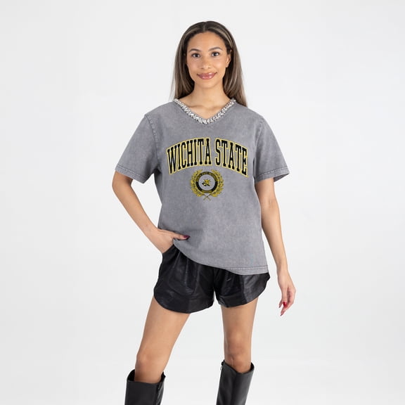 Women's Gameday Couture Gray Wichita State Shockers Iconic Edge Rhinestone V-Neck T-Shirt