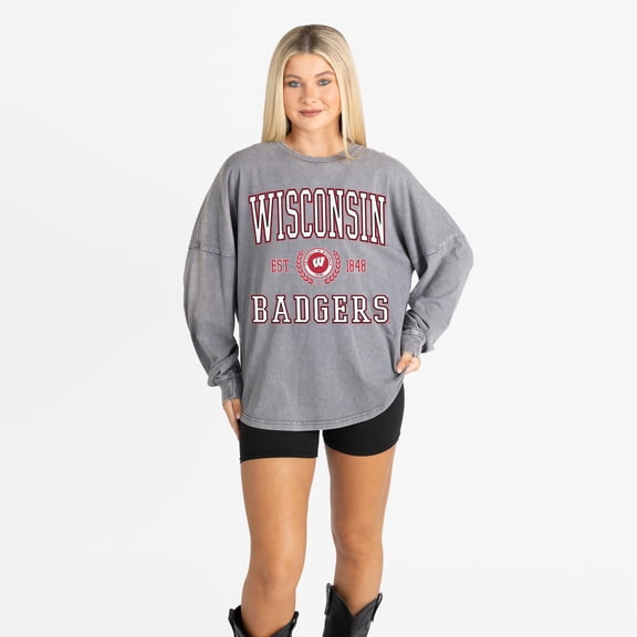 Women's Gameday Couture Gray Wisconsin Badgers Oversized Final Score Snow Wash Long Sleeve T-Shirt