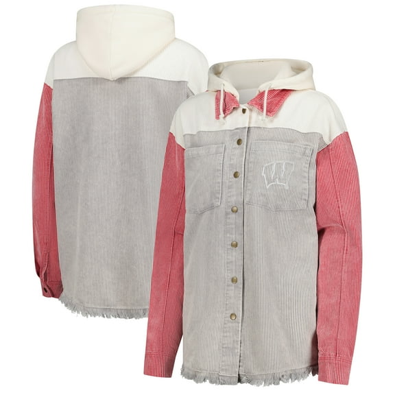 Women's Gameday Couture Gray Wisconsin Badgers Vintage Wash Corduroy Full-Snap Hooded Shacket