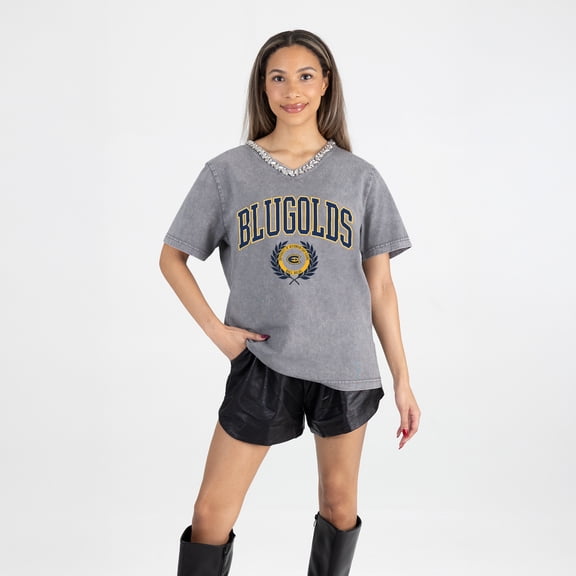 Women's Gameday Couture Gray Wisconsin Eau Claire Blugolds Iconic Edge Rhinestone V-Neck T-Shirt