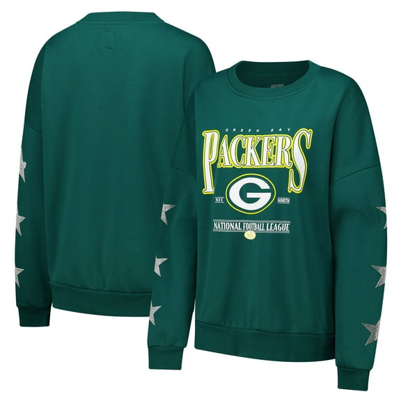 Women's Gameday Couture Green Green Bay Packers Rhinestone Star Sleeve Settle the Score Oversized Pullover Sweatshirt