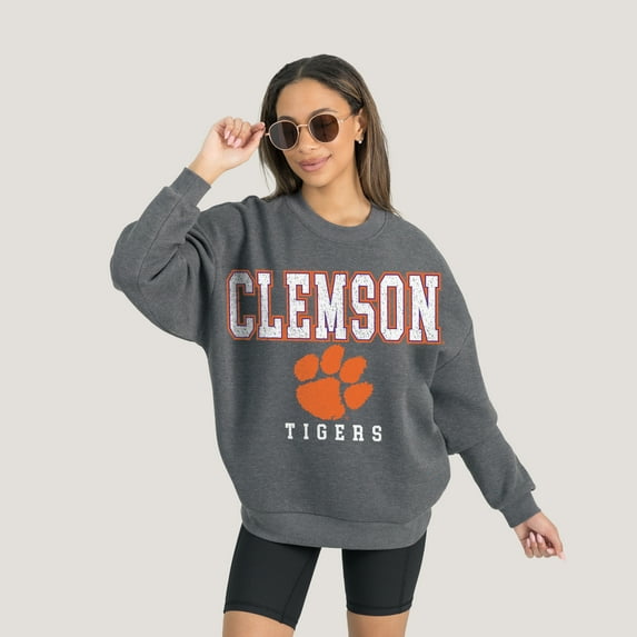 Women's Gameday Couture Heather Charcoal Clemson Tigers Oversized Distressed Fleece Pullover Sweatshirt