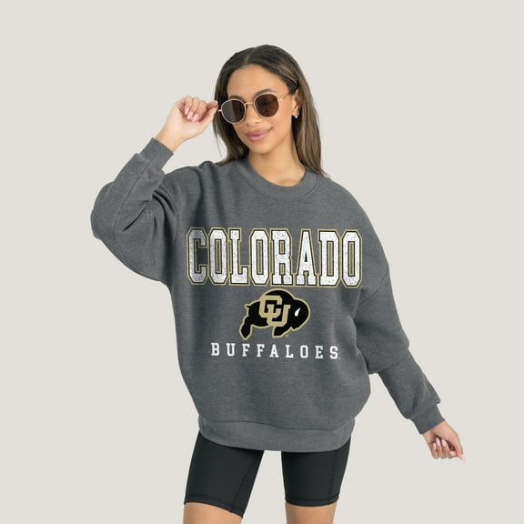 Women's Gameday Couture  Heather Charcoal Colorado Buffaloes Oversized Distressed Fleece Pullover Sweatshirt