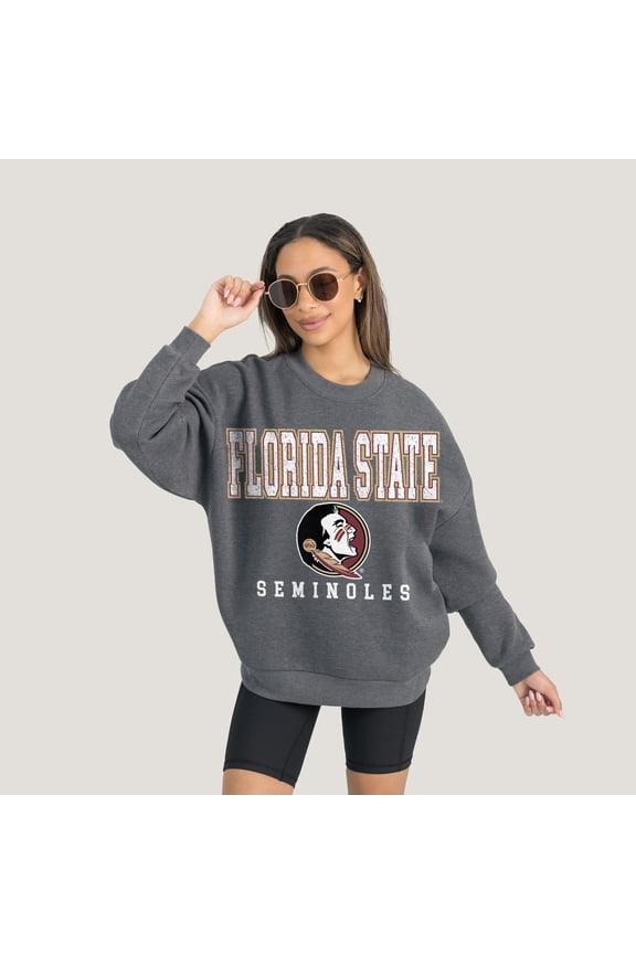 Women's Gameday Couture Heather Charcoal Florida State Seminoles Oversized Distressed Fleece Pullover Sweatshirt