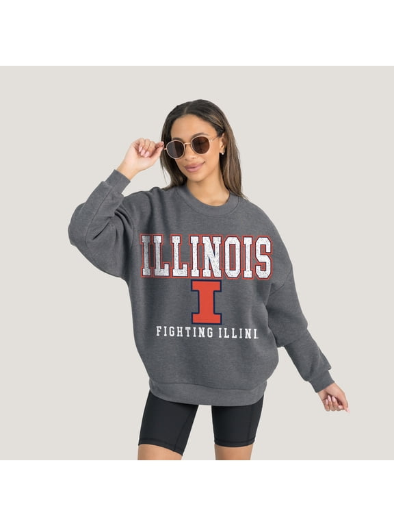 Women's Gameday Couture Heather Charcoal Illinois Fighting Illini Oversized Distressed Fleece Pullover Sweatshirt