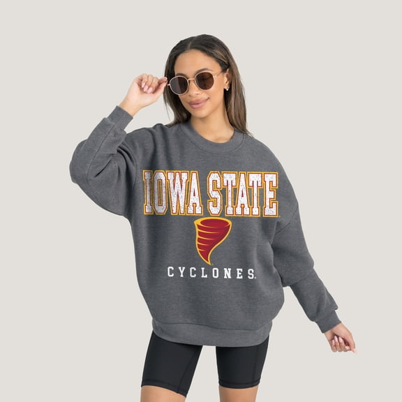 Women's Gameday Couture  Heather Charcoal Iowa State Cyclones Oversized Distressed Fleece Pullover Sweatshirt
