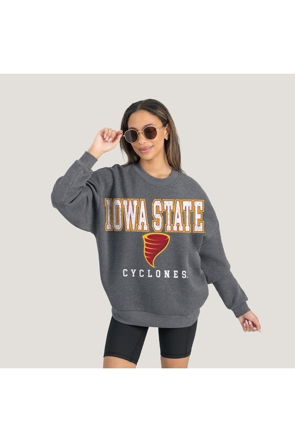 Women's Gameday Couture Heather Charcoal Iowa State Cyclones Oversized Distressed Fleece Pullover Sweatshirt