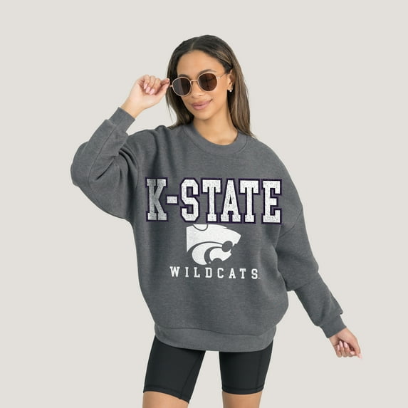 Women's Gameday Couture Heather Charcoal Kansas State Wildcats Oversized Distressed Fleece Pullover Sweatshirt