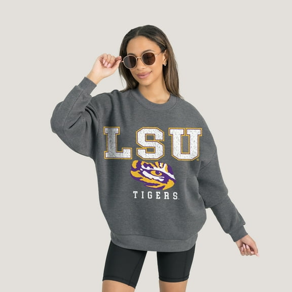 Women's Gameday Couture  Heather Charcoal LSU Tigers Oversized Distressed Fleece Pullover Sweatshirt