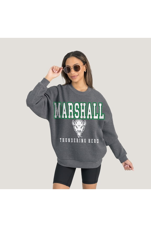 Women's Gameday Couture Heather Charcoal Marshall Thundering Herd Oversized Distressed Fleece Pullover Sweatshirt